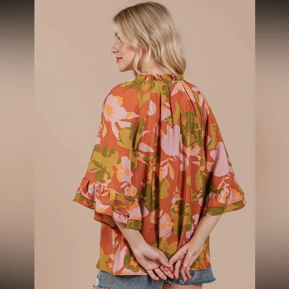 Boho Floral Print Split Mock Neck Blouse - Picture 5 of 5